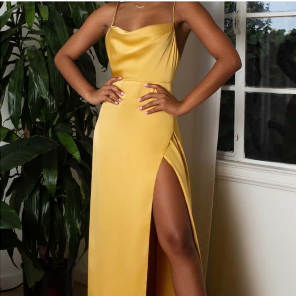 Fame and Partners Strappy Draped Gown- matte satin gold